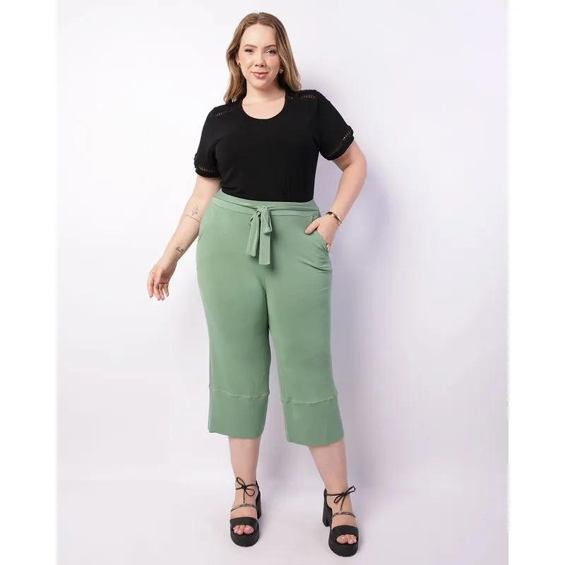 Calça Plus Size Feminina Viscose Pantacourt Faixas Para Amarração Verde G3