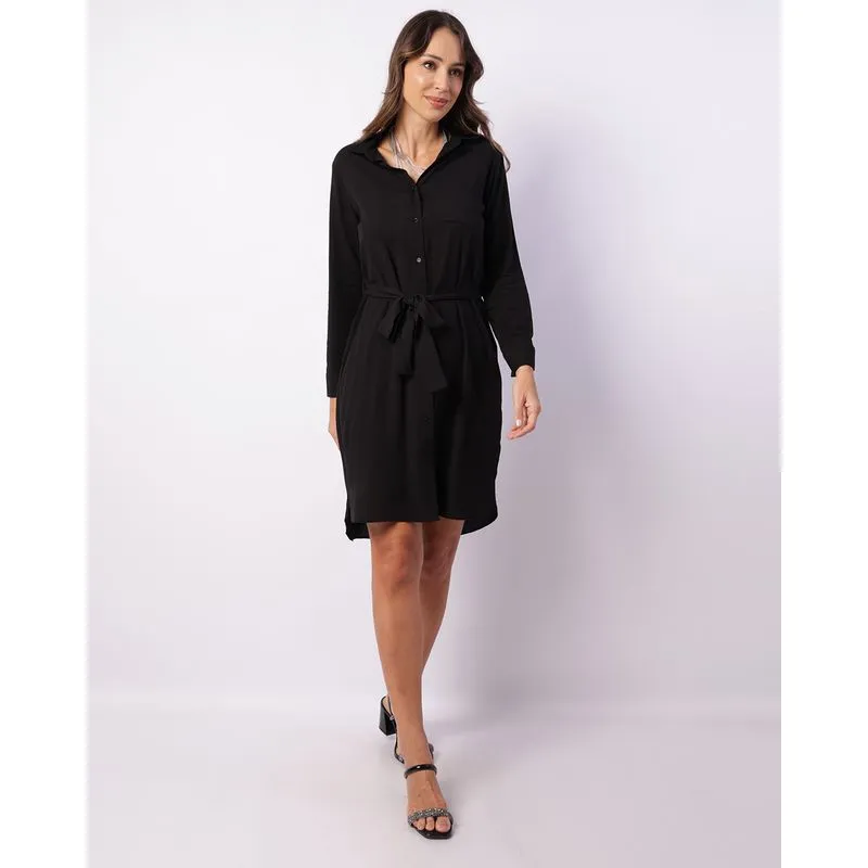 Vestido Feminino Berry & Co. Chemise Curto Manga Longa Preto P