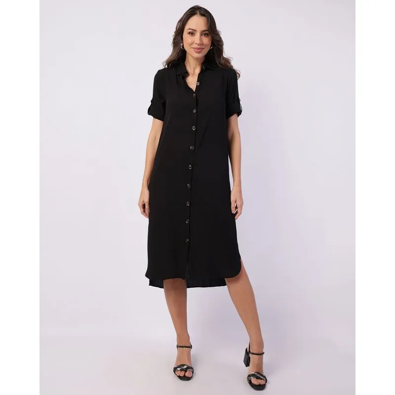 Vestido Feminino Chemise Midi Berry & Co. com Botões Preto G