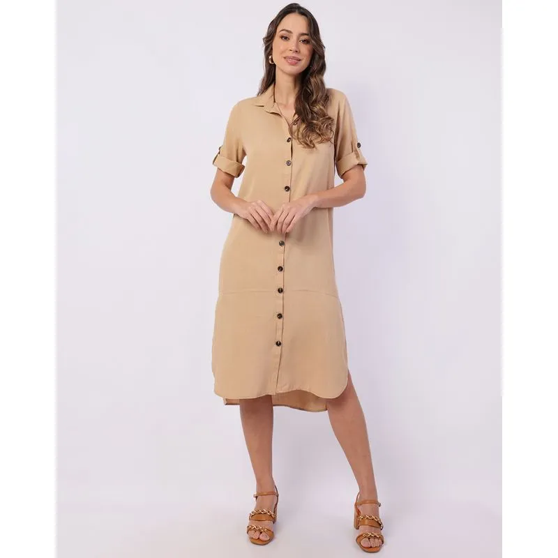 Vestido Feminino Chemise Midi Berry & Co. com Botões Bege GG
