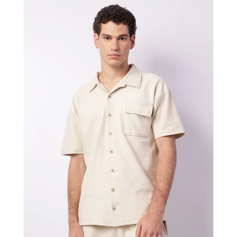 Camisa Masculina Manga Curta Texturizada Bolso Bege P
