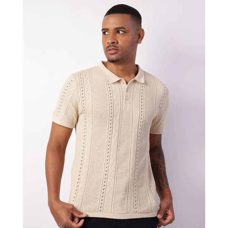 Camisa Polo Masculina Tricô Manga Curta Bege G