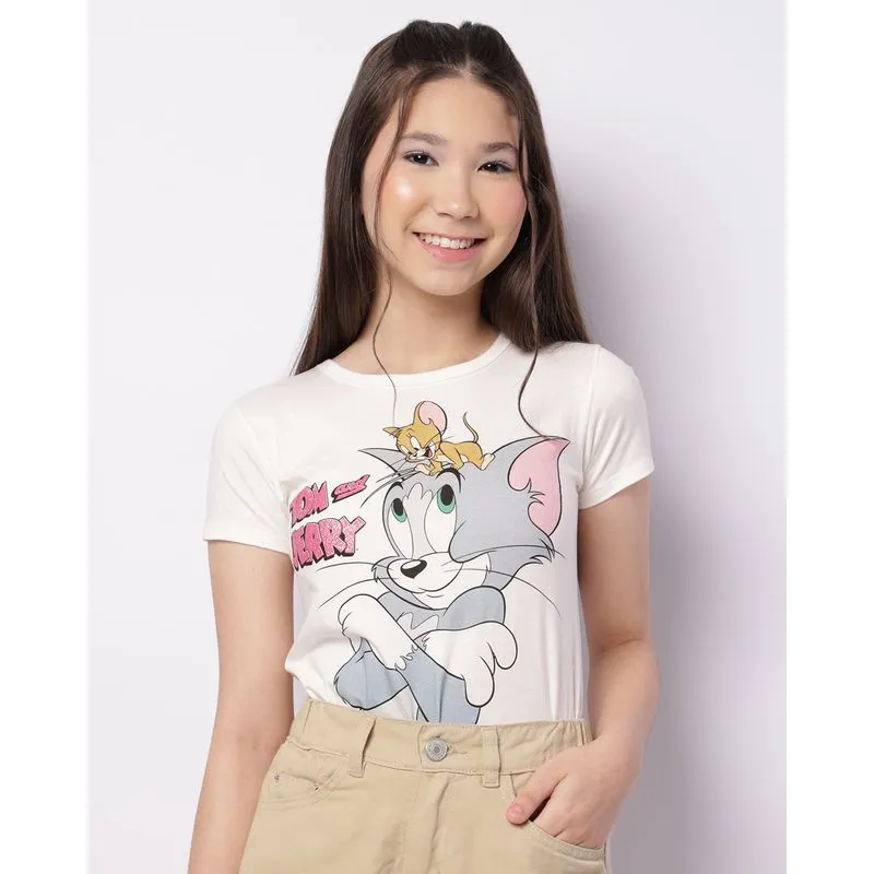 Camiseta Juvenil Manga Curta Warner Tom E Jerry Off White 16