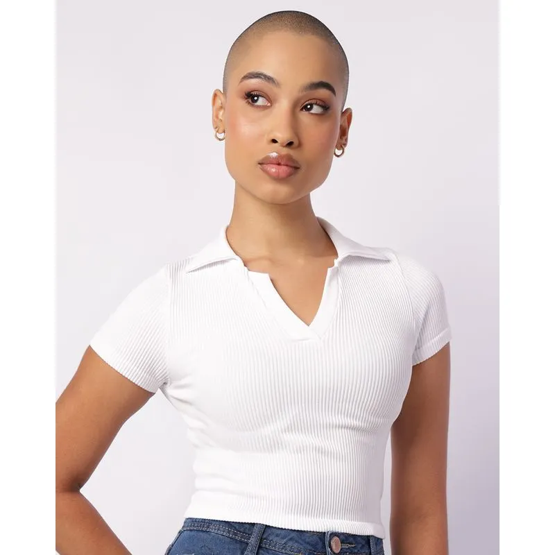 Blusa Feminina Cropped Canelada Decote V Sem Costura Branca G
