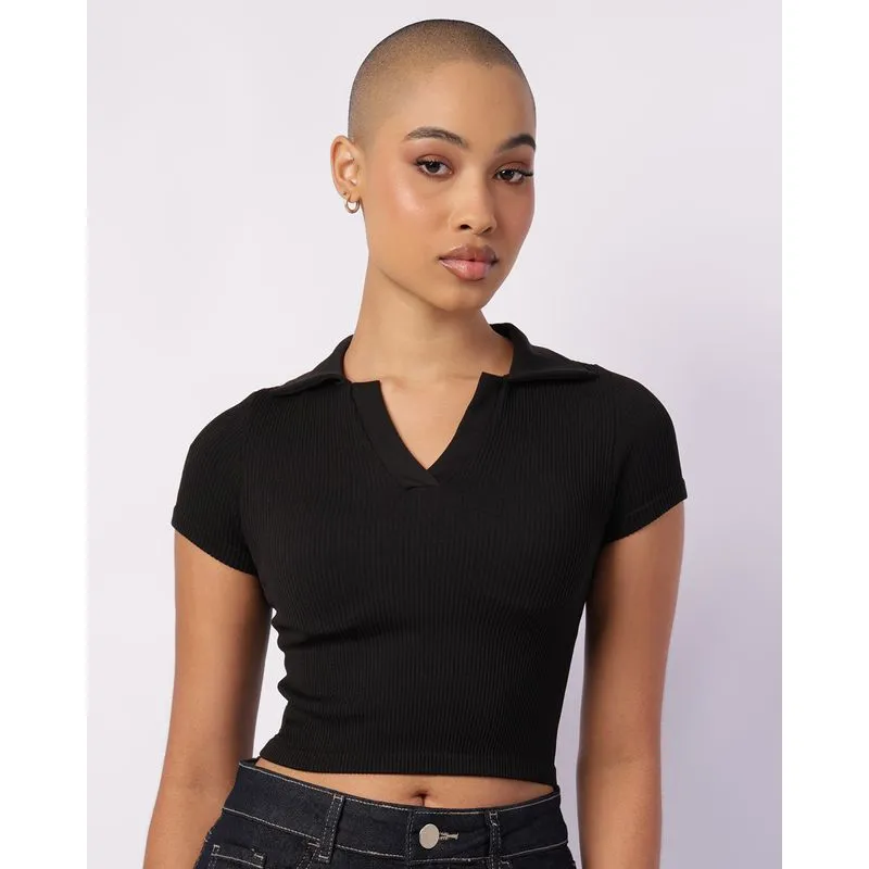 Blusa Feminina Cropped Canelada Decote V Sem Costura Preta P