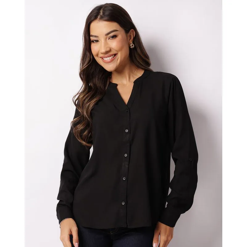 Camisa Feminina Viscose Berry & Co. Gola Padre Preta GG
