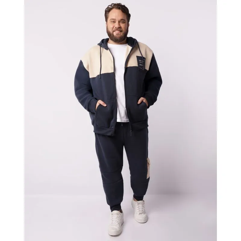 Calça Moletom Plus Size Masculina Jogger Bolso Cargo Recortes Marinho G2