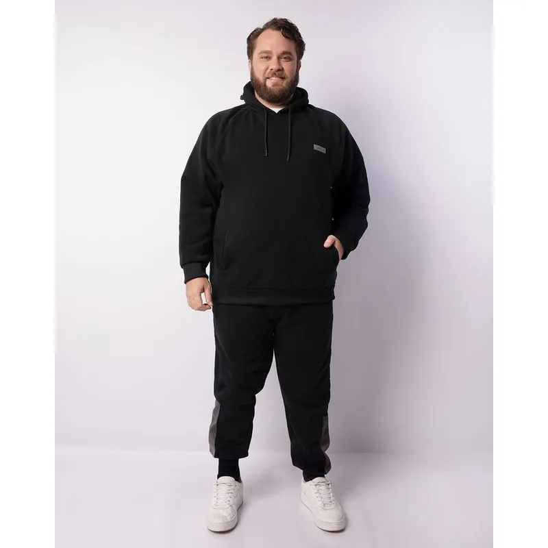 Calça Moletom Plus Size Masculina Jogger Bolso Recortes Preta G3