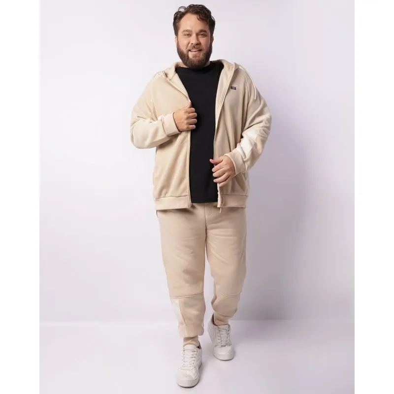 Calça Moletom Plus Size Masculina Jogger Bolso Com Zíper Bege G3