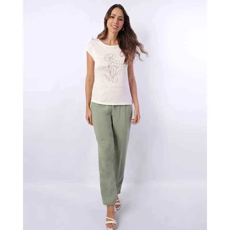 Calça Feminina Reta Viscose Berry & Co. com Pregas Cordão Verde GG