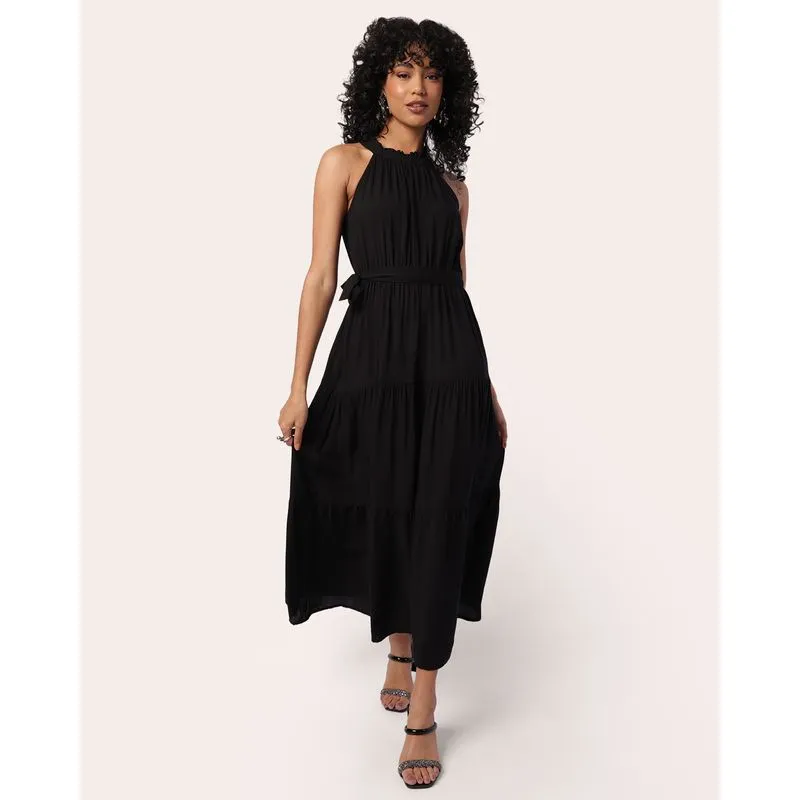 Vestido Feminino Berry & Co. Midi Viscose com Faixas Preto G