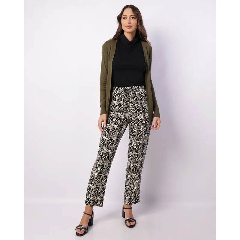 Calça Feminina Berry & Co. Reta Viscose Estampada Preta G