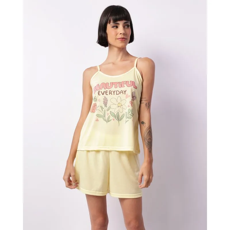 Pijama Feminino Alcinha Curto Estampado Amarelo GG