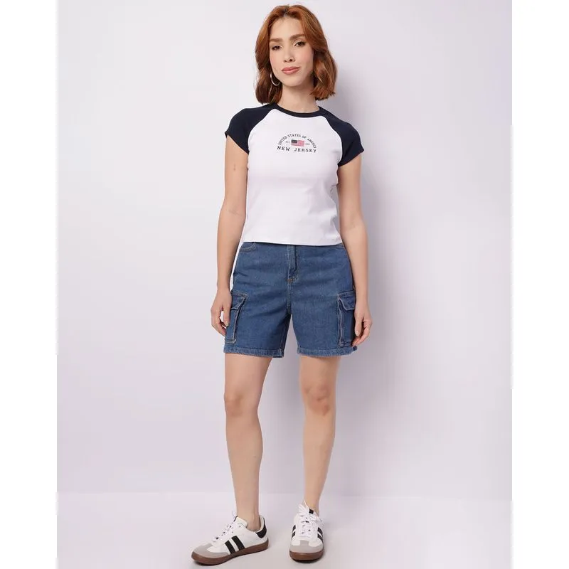 Bermuda Jeans Feminina com Bolsos Cargo Azul 40