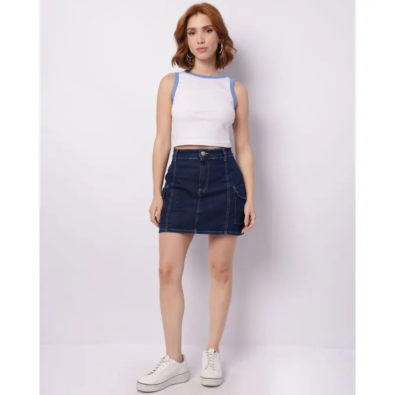 Minisaia Jeans Feminina com Bolsos Cargo Azul 36