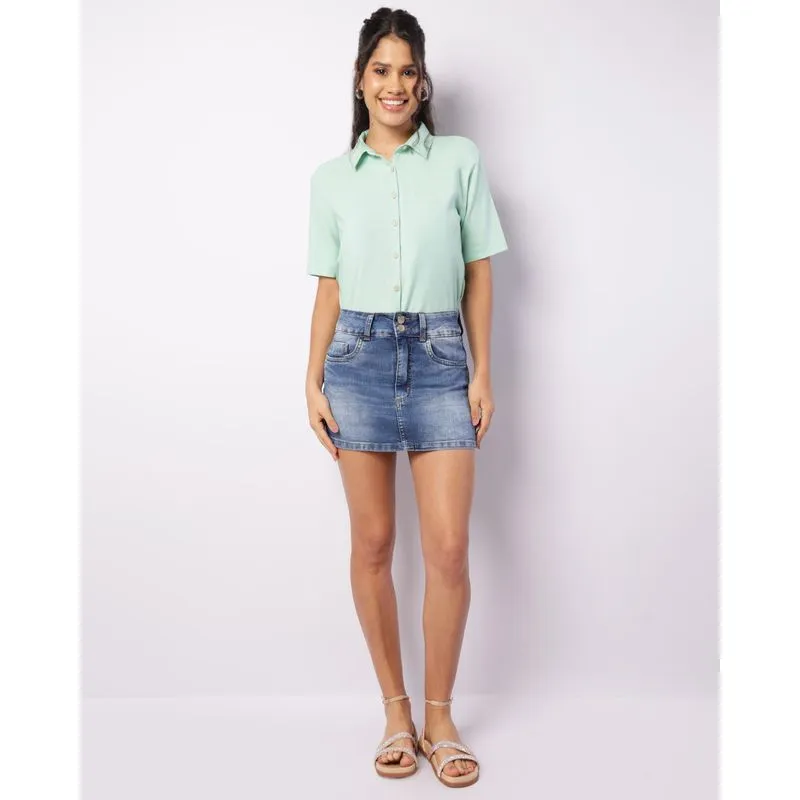 Minissaia Jeans Feminina com Botões Azul 40