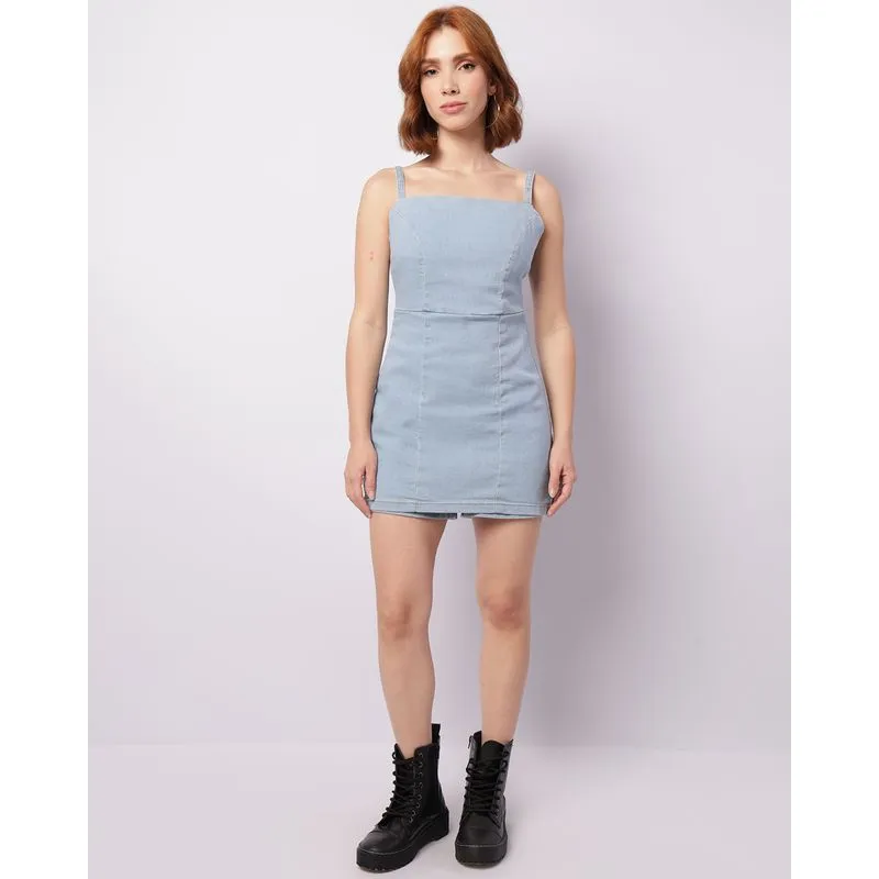 Macaquinho Jeans Feminino Curto Com Zíper Azul P
