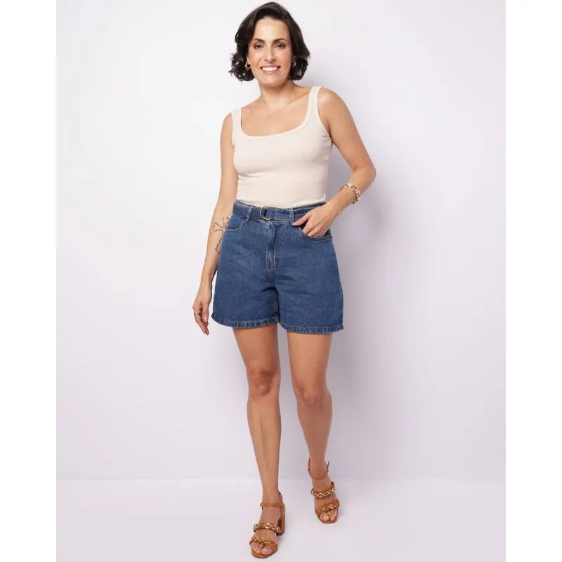 Bermuda Jeans Feminina com Cinto e Bolsos Azul 40