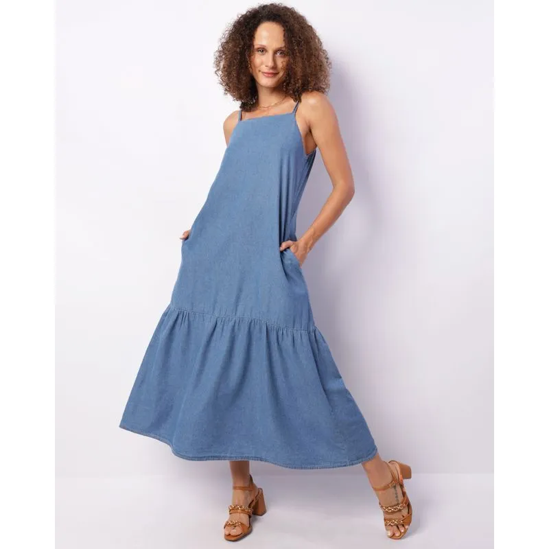 Vestido Feminino Liocel Alcinha Longo Com Bolsos Azul PP