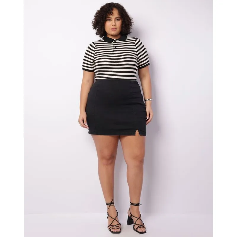 Saia Plus Size Feminina Sarja Curta Com Zíper Preta 48
