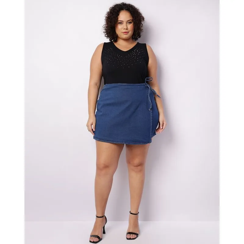 Short Saia Jeans Plus Size Feminino Curto Azul 56
