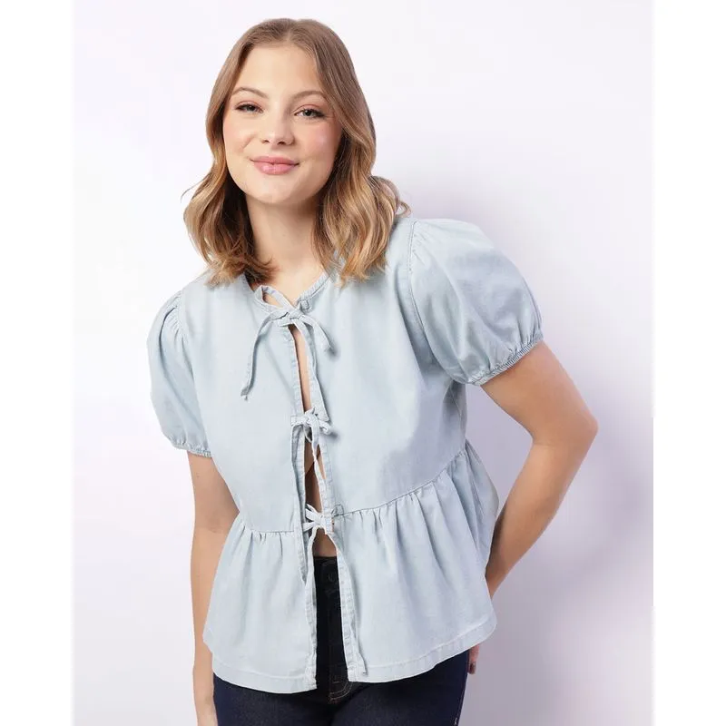 Blusa Jeans Feminina Manga Curta Tiras Amarração Azul G