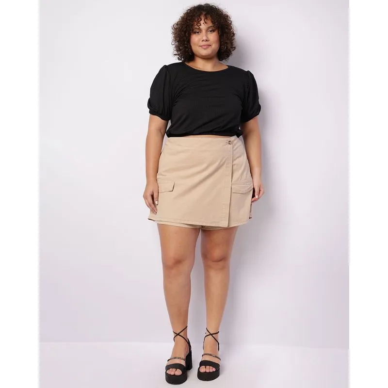 Short Saia Sarja Plus Size Feminino Curto Cargo Bege 48