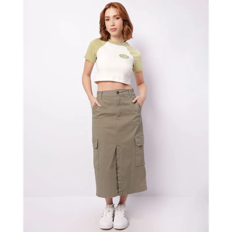 Saia Sarja Feminina Midi com Fenda Frontal Verde 34