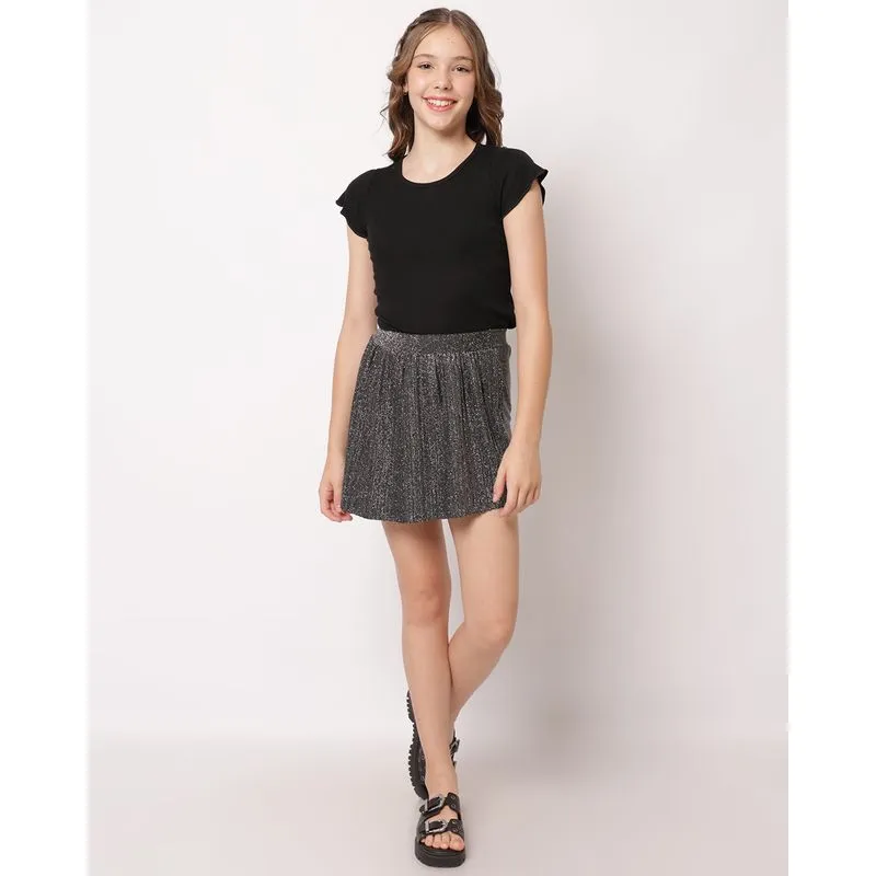Short Saia Juvenil Lurex Plissada Preto 14