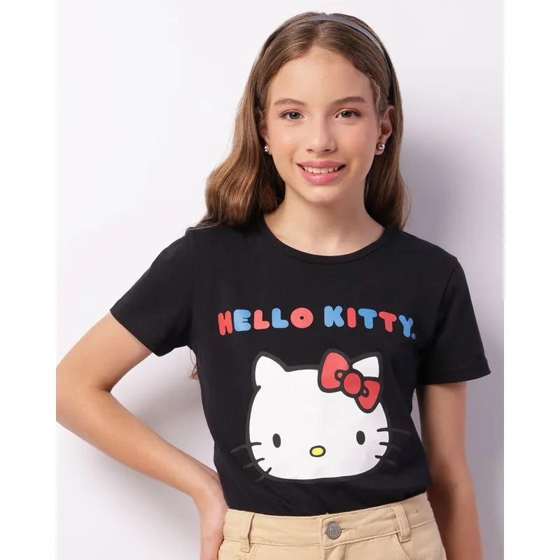 Camiseta Juvenil Hello Kitty Manga Curta Preta 10