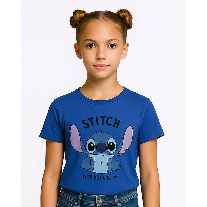 Camiseta Juvenil Algodão Disney Stitch Manga Curta Azul 16