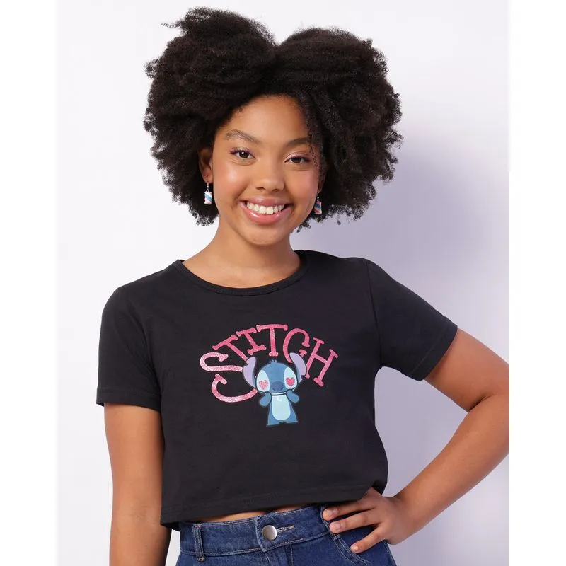 Camiseta Juvenil Algodão Cropped Disney Stitch Preta 16
