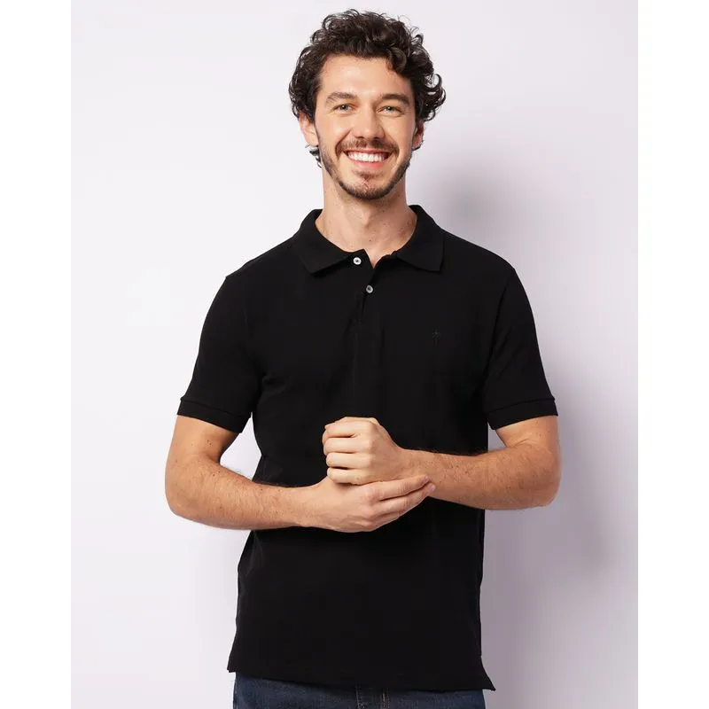 Camisa Polo Masculina Piquet Com Bordado Manga Curta Preta P