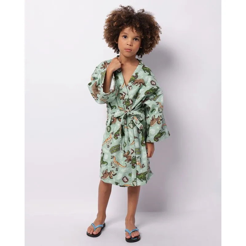Roupão Infantil Felpudo Dolher Estampa Dinossauro Manga Longa Verde G