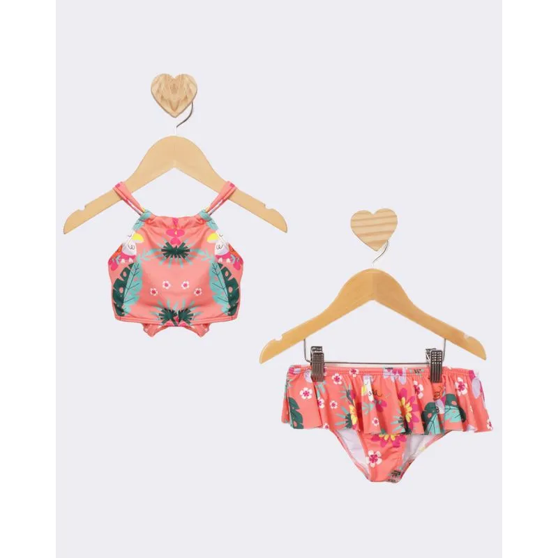 Conjunto Biquíni Infantil Babados Estampado Laranja 3