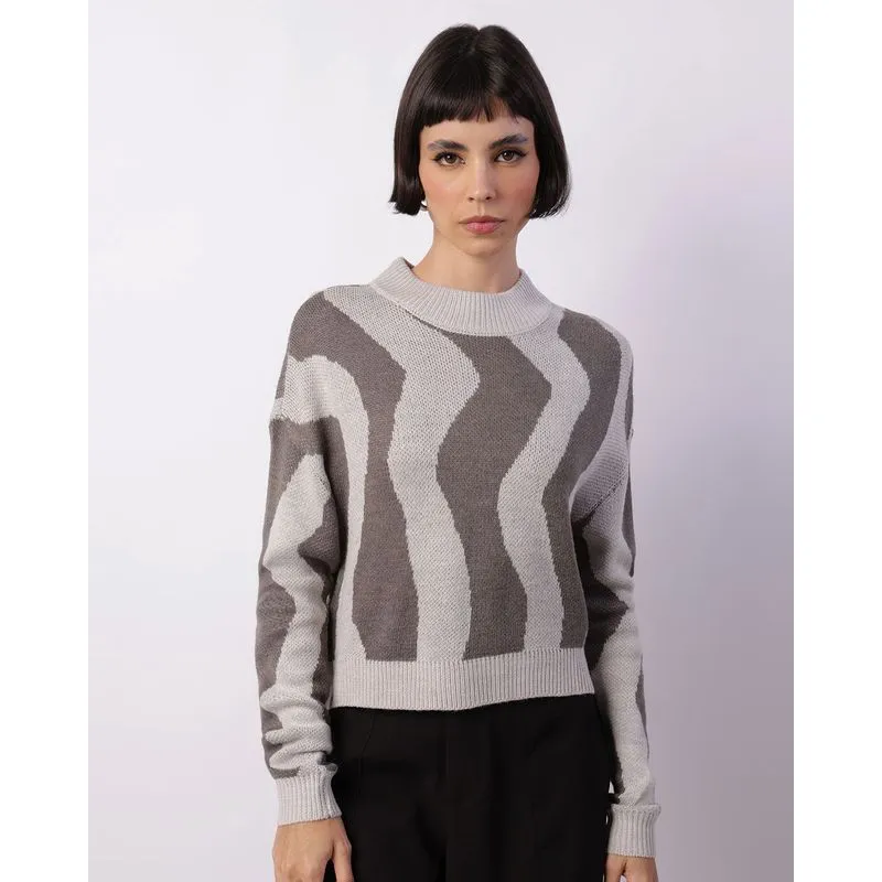 Suéter Feminino Tricô Gola Alta Ondas Cinza M