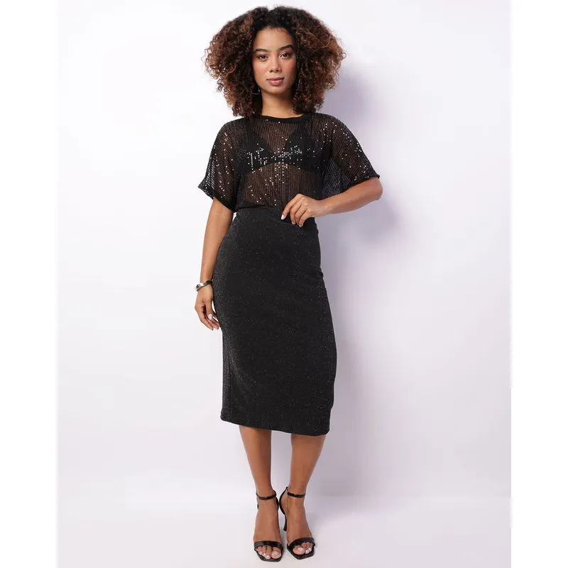 Saia Feminina Midi Lurex Fenda Preta G