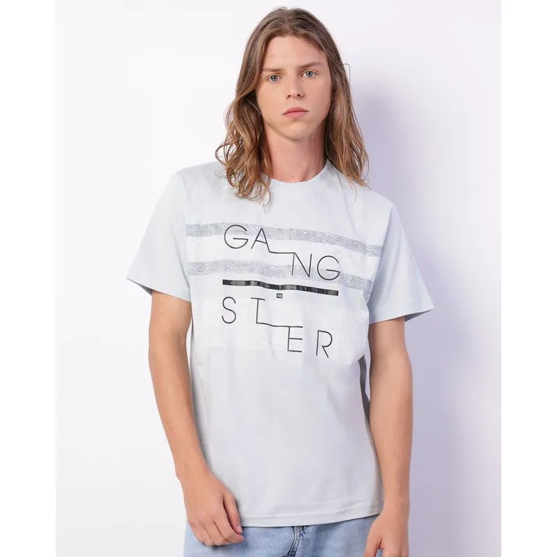 Camiseta Masculina Gangster Manga Curta Estampada Azul G
