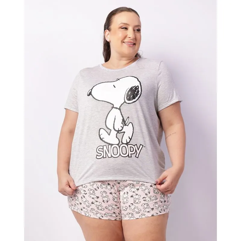 Pijama Plus Size Feminino Curto Peanuts Snoopy Rosa 48