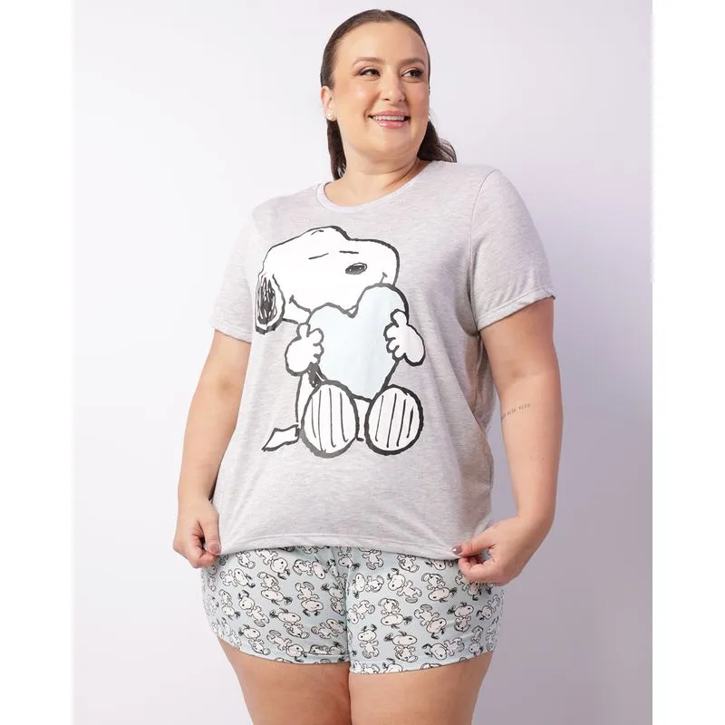 Pijama Plus Size Feminino Curto Peanuts Snoopy Azul 52