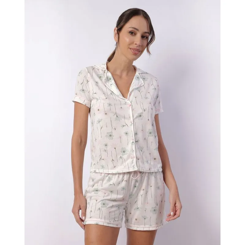 Pijama Feminino Curto Americano Estampa Floral Off White P