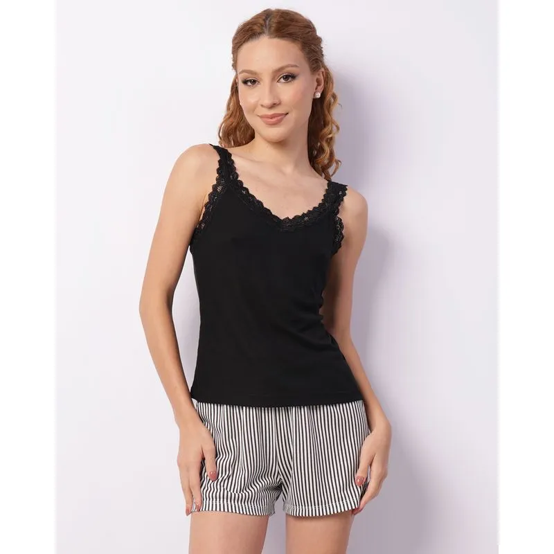Pijama Feminino Curto Canelado Renda Preto G