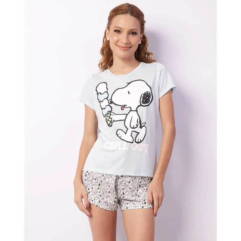 Pijama Feminino Curto Peanuts Snoopy Azul GG