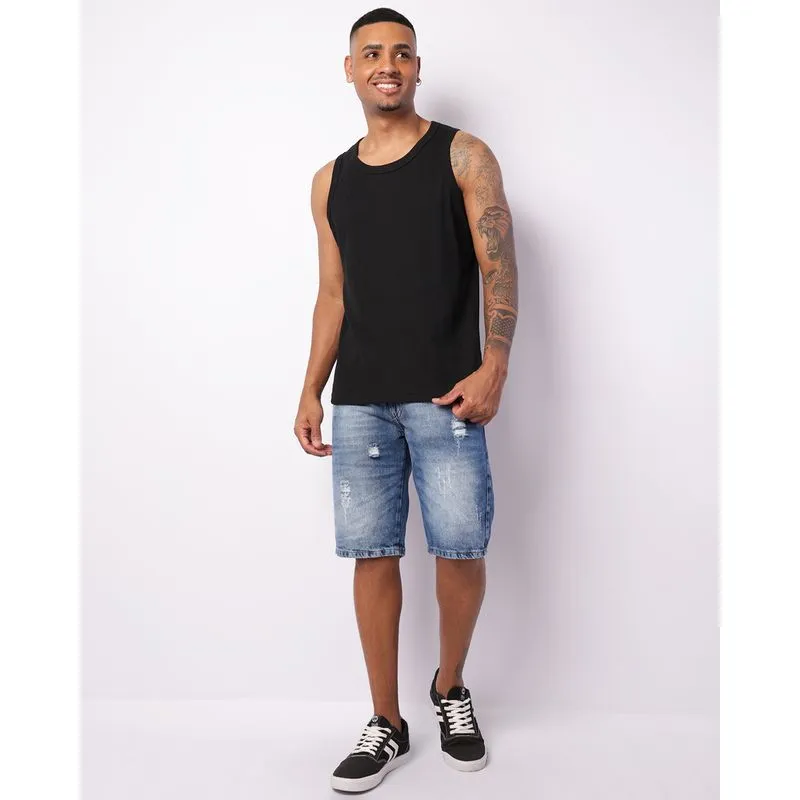 Bermuda Jeans Masculina Reta Destroyed Azul 38