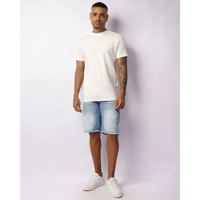 Bermuda Jeans Masculina Reta Barra Desfiada Azul 44