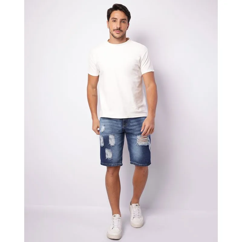 Bermuda Jeans Masculina Reta Destroyed Azul 46