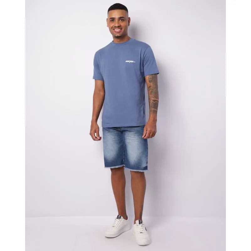 Bermuda Jeans Masculina Reta Estonada Barra Desfiada Azul 38
