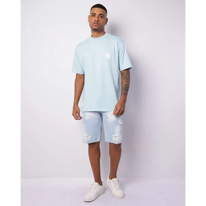 Bermuda Jeans Masculina Reta Destroyed Azul 48