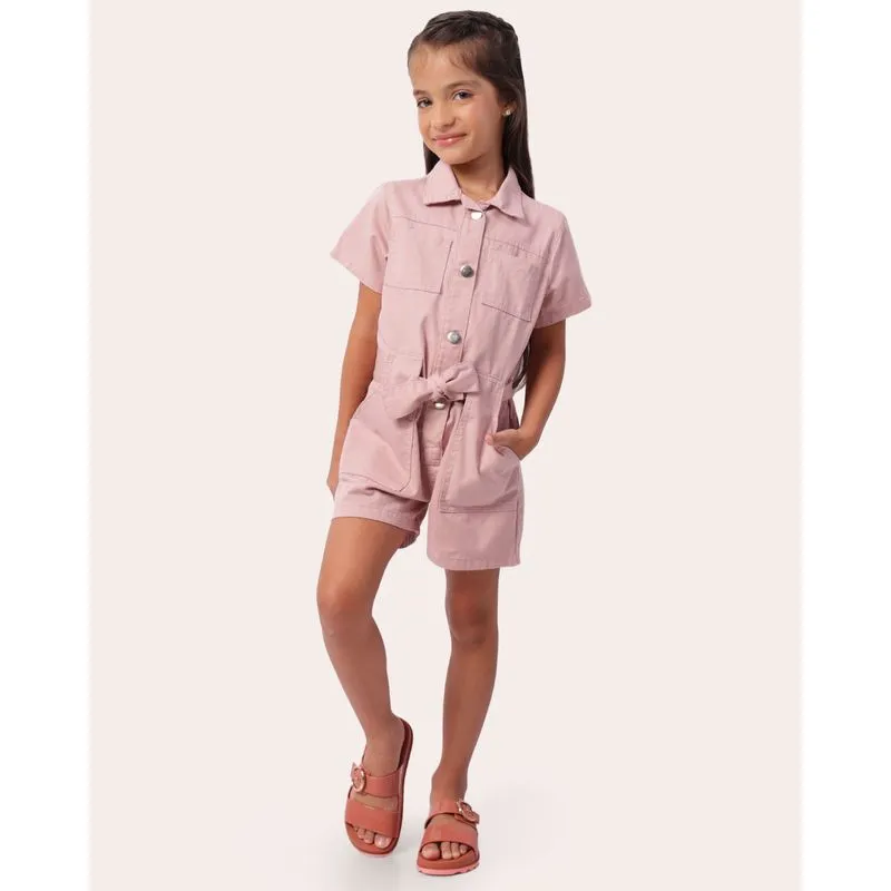 Macaquinho Infantil Sarja Curto Com Faixa Amarração Rosa 4