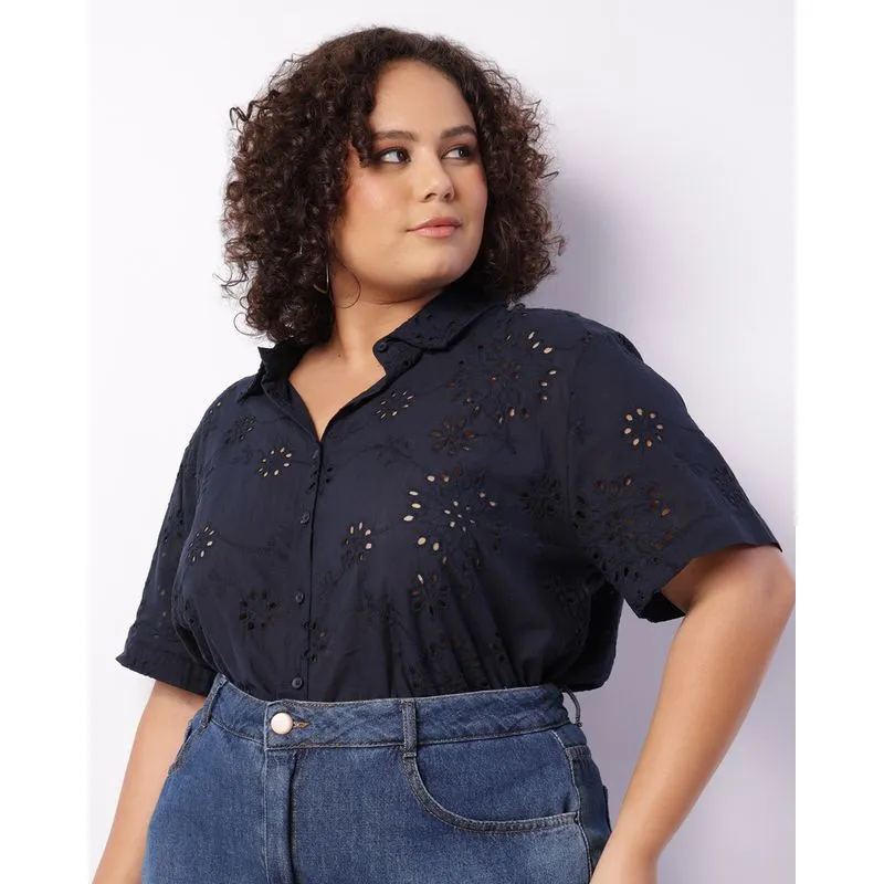 Camisa Plus Size Feminina Laise Berry & Co. Manga Curta Marinho G2